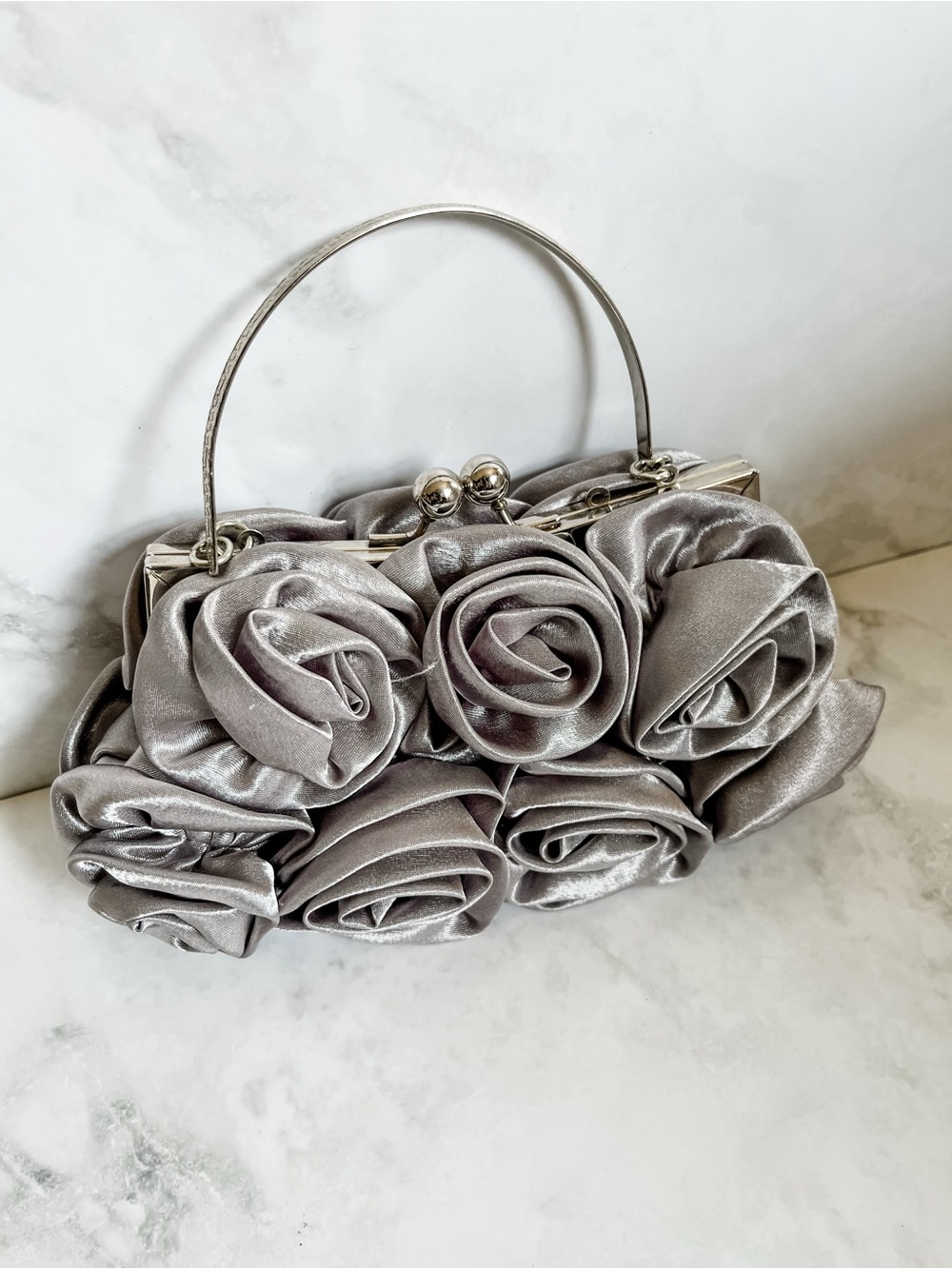 Elegant Silver Rose Satin Evening Clutch - Women Bags